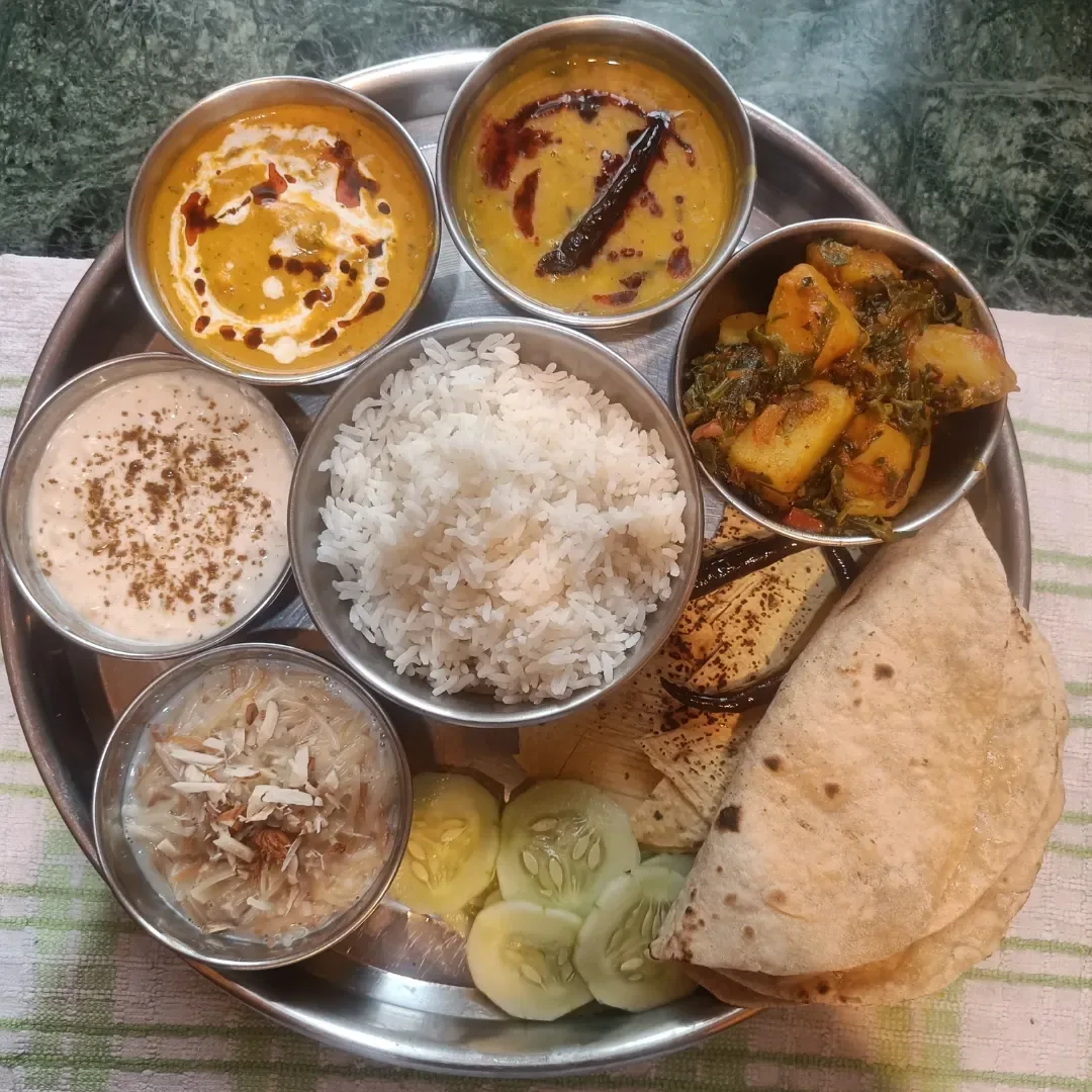 Fresh vegetarian food prepared in the ashram kitchen.